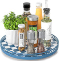 Blue and White Checkerboard Lazy Susan with Rubberwood Base and Metal Rail | Smooth rotating oak tray with walnut finish for dining tables, kitchen counters, pantries and cabinet storage. by AMH