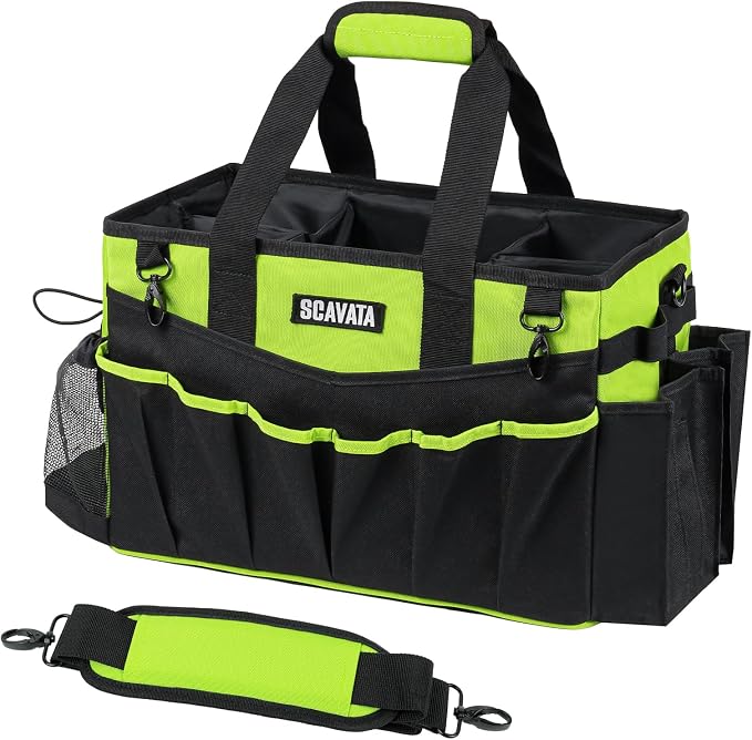SCAVATA Wearable Cleaning Caddy Bag, Cleaning Caddy Supplies Organizer with Handle & Shoulder Straps for Housekeepers, Under Sink & Car Cleaning Tool Organizers with 4 Foldable Divider (NeonGreen) by Tidyyourlife