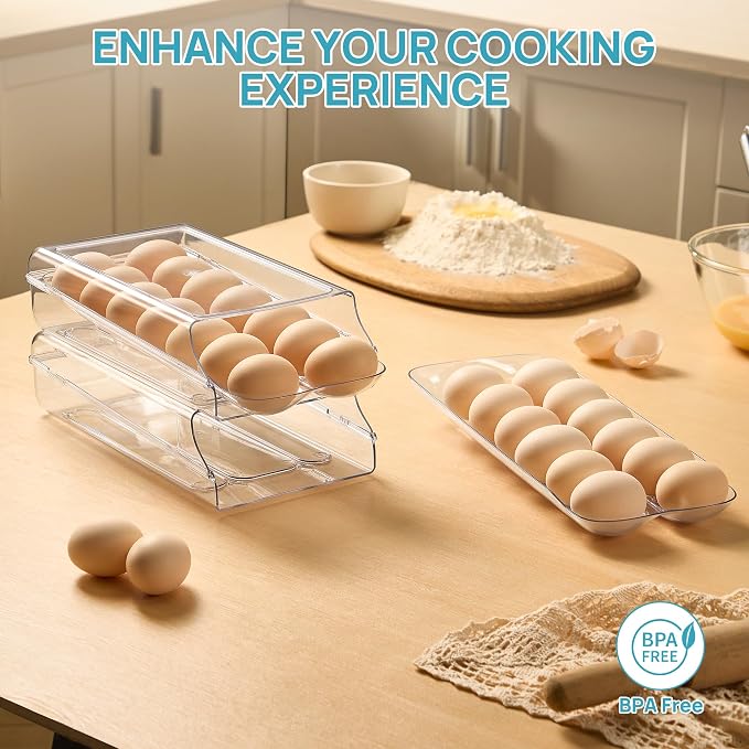 Vtopmart 2 Pack Egg Holder for Fridge, Automatic Rolling Egg Container | Stackable Clear 14-Count Eggs Organizer with Removable Inner Tray, Egg Storage for Refrigerator, Space Saving - Image 7
