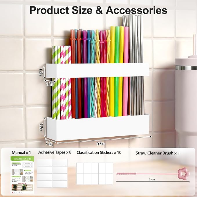 9.5” Large Acrylic Straw Holder for Cabinet Door, Adjustable Two-Part | Reusable Straws Organizer with Ultra Sticky Adhesive Strips, 2026 Straw Storage for Kitchen Cupboard (White) - Image 8