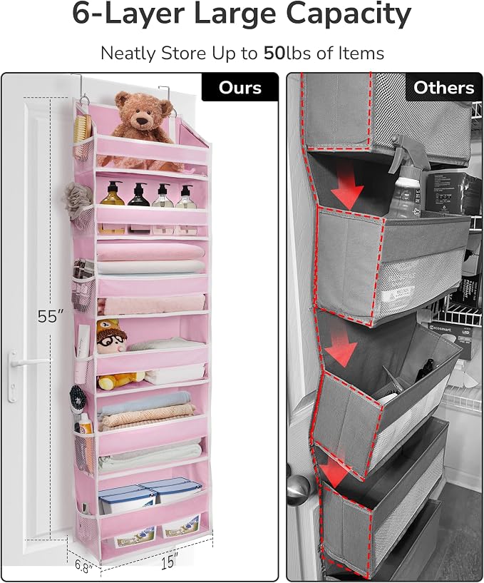 ULG Over The Door Organizer with 6 Large Pockets 12 Side Pockets, 50lbs Weight Capacity Door Hanging Storage Organizer for Bedroom, Bathroom, Pantry, Nursery Storage, Pink - Image 3