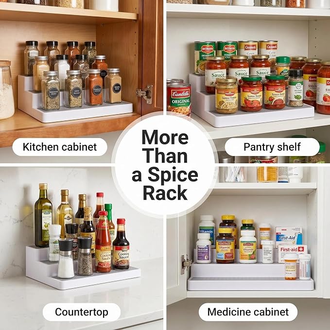 YAN & HIN 3 Tier Spice Rack Organizer for Cabinet, 3 Pack Non-Slip Spice Rack Shelf Organizer, Holds 24+ Jars, Plastic Spice Organizer for Cabinet, Pantry & Kitchen Countertop, White - Image 7