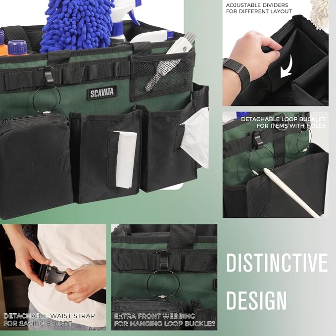 SCAVATA Wearable Cleaning Caddy Bag, Cleaning Caddy Supplies Organizer with Handle & Shoulder Straps for Housekeepers, Under Sink & Car Cleaning Tool Organizers with 4 Foldable Divider (TreeGreen) - Image 3