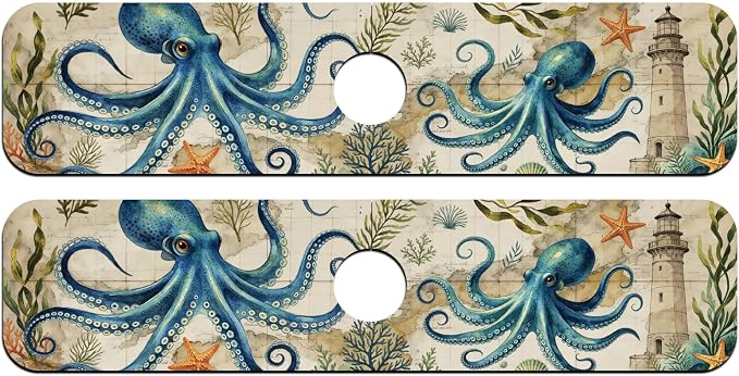 2 Pcs Kitchen Sink Splash Guard Faucet Mat Retro Ocean Octopus Pattern Faucet Mat for Sinks Flower Absorbing Drying Mats for Kitchen Bathroom - Image 8