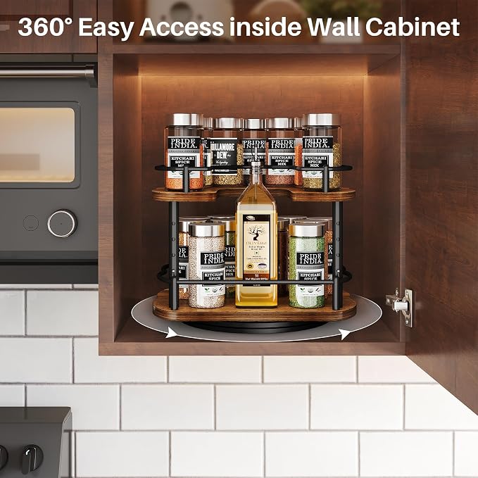 SNTD Lazy Susan Spice Rack Organizer for Cabinet, Wood, Vintage, 9 in | Rotating Turntable, Height Adjustable, Space-Saving D-Shape Design, Revolving Spice Storage for Kitchen Countertop Pantry - Image 8