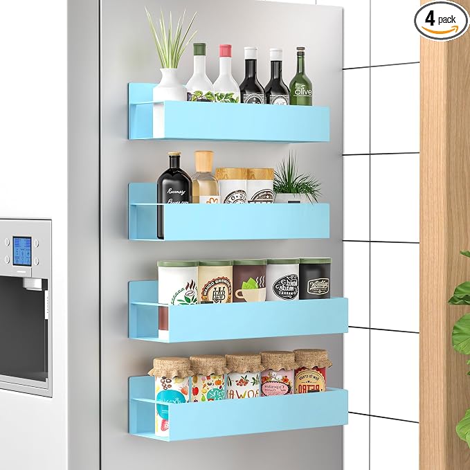 Metal Magnetic Spice Rack for Refrigerator Blue, 4 Pack | Magnetic Shelves Heavy Duty for Fridge in Kitchen, Seasoning Storage Organizer, For Oven Washer and Dryer, For Heavier Items by HuggieGems