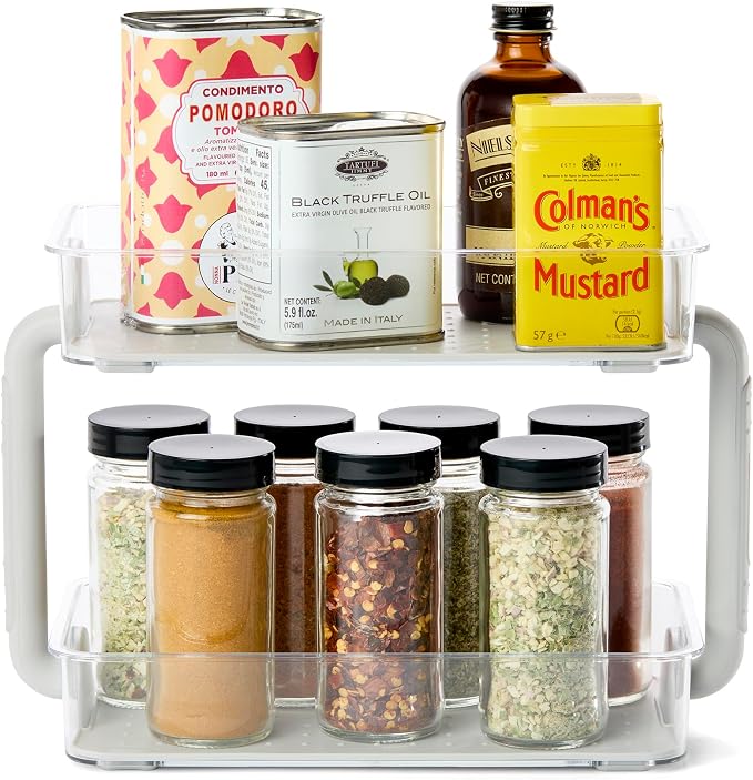 madesmart Two Level Spice Organizer, Grey | tiered layout, label visibility, soft grip lining, cabinet pantry use, seasoning bottles, woman owned by madesmart%C2%AE