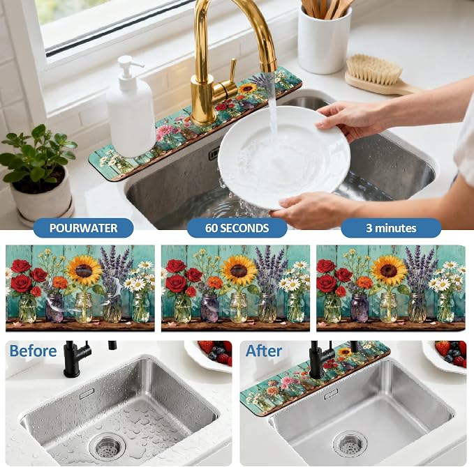 2 Pcs Kitchen Sink Splash Guard Faucet Mat Colored Glass Vases with Plants Pattern Faucet Mat for Sinks Roses Absorbing Drying Mat for Kitchen Bathroom, 23.6x5.5inch - Image 5