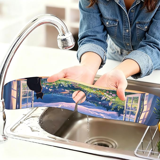 2 Pcs Kitchen Sink Splash Guard Faucet Mat Windowsill Cat Pattern Faucet Mat for Sinks Flower Absorbing Drying Mats for Kitchen Bathroom - Image 6