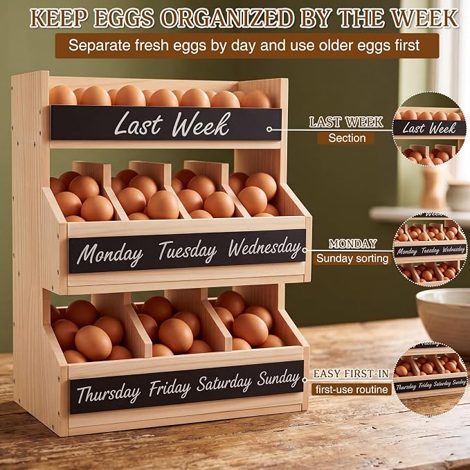 Leinuosen Wooden Egg Holder Countertop with 5 Dividers & DIY Freshness Labels to Separate, 3-tier Wood Egg Storage Basket Organizer, Large Farmhouse Kitchen Counter Display Rack - Image 4