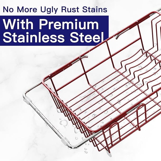 Red Dish Drying Rack Over Sink with Utensil Holder, Drainboard | Expandable Stainless Steel Dish Drainer for Small Kitchen, Apartment, RV, Counter Space Saving, Perfect Fit, Rustproof - Image 4