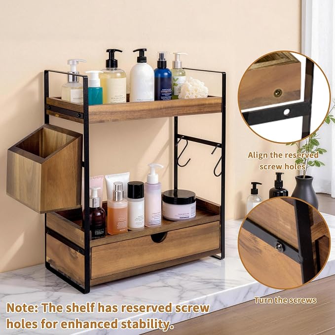 2-Tier Bathroom Counter Organizer, Acacia Wood Vanity Shelf with Drawer | Pre-Drilled Holes, Skincare & Makeup Countertop Organizer and storage, Acacia Dark Brown - Image 3