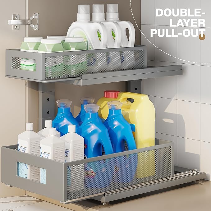 2 Pack 15.74IN-Depth Under Sink Organizer With Next-Gen Ball-Bearing Slides,2-Tier Pull Out Cabinet Storage,Height Adjustable Drawer Shelf for Bathroom,Kitchen,Laundry,Cabinet,Pantry-Gun Gray - Image 4