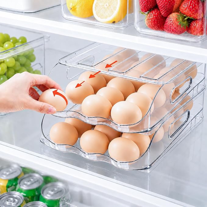 SMRCAD 54-Egg Dispenser with Silicone Bumpers, Auto-Rolling, Stackable | BPA-free food-grade PET | Stackable with lid | Built-in handle | 11.92"L x 8.85"W x 7.9"H | Hand wash only - Image 4