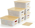 Small Plastic Storage Bins with Bamboo Lids 5.2qt Stackable Box Basket Pantry Decorative Containers Cute with Labels for Organizing Desktop Closet Office Cream White of 6 packs 10*7.2*4.1" by Bagnizer