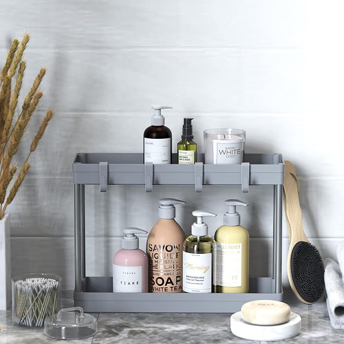 Simple Houseware 2-Tier Under Sink Organizer Storage Tray with Hooks, Grey - Image 3