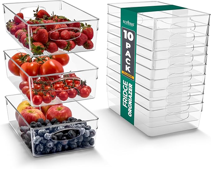 Sorbus 10-Pack XL Clear Plastic Organizing Bins – Clear Bins for Organizing, Refrigerator Organizers, Fridge Organizer, Pantry Storage, Kitchen Organizer, and Pantry Organizers and Storage Bins by Sorbus