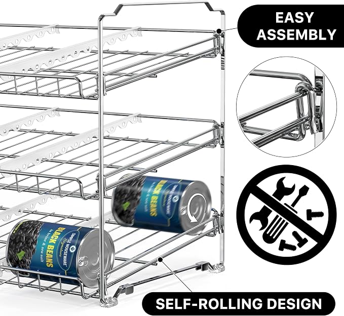 Simple Houseware 3-Tier Stackable Can Organizer Rack Hold 36 Cans, Chrome | Can Food Storage Dispenser for Pantry/Cabinet, Adjustable Dividers – 11.5" D x 17" W x 13.75" H - Image 5