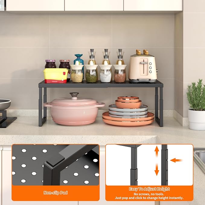 Shelf Organizer Riser For Cabinet Pantry Kitchen Countertop Cupbaord Closet | Expandable Width, Adjustable Height, Stackable As 2-Tier Shelf Rack, Snap-Button: Easily Adjust Height, Heavy Duty Metal - Image 3