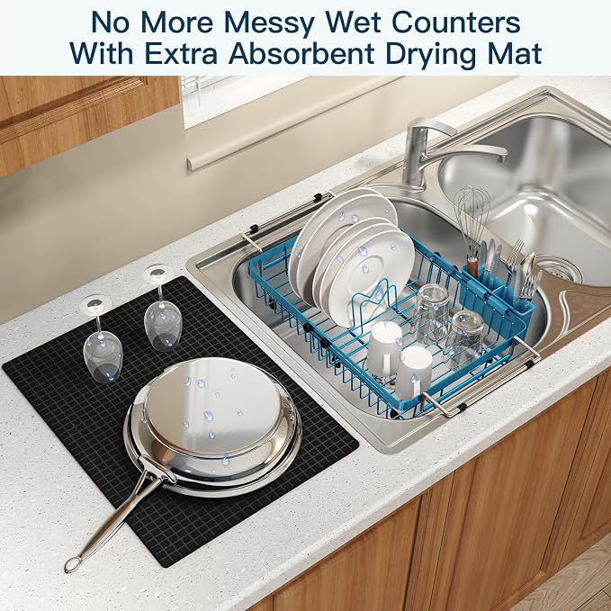 Blue Dish Drying Rack Over The Sink with Utensil Holder, Mat | Expandable Stainless Steel Dish Drainer for Small Kitchen, Apartment, RV, Counter Space Saving, Perfect Fit, Rustproof - Image 6
