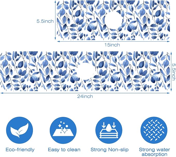 Watercolor Blue Leaves Sink Faucet Absorbing Mat Sink Splash Guard Faucet Mat Draining Mat Fast Drying Sink Protectors for Kitchen and Bathroom 5.5"×24" - Image 3