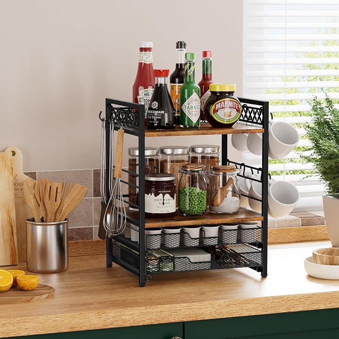 Plaviya Coffee Bar Organizer Coffee Station K Cup Holder for Countertop | 30 Coffee Pods Organizer, Mug Holder with 12 Hooks, 2 Drawers, Multifunctional, Kitchen, Dining Room, Office, Rustic Brown - Image 6