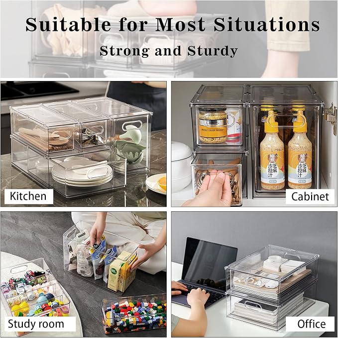 MANO Fridge Drawer Pull Out Stackable Bins with Handle Clear Refrigerator Drawers Organizer Food Storage Container Box Plastic Produce Saver for Pantry, Cabinet, Kitchen, Clothes（4Pack） - Image 6