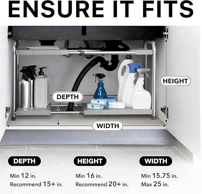 Simple Houseware Under Sink 2-Tier Heavy Duty Expandable Organizer, Silver | Adjustable Width 15.75–25 Inches with 4 Shelf Height Levels - Image 3