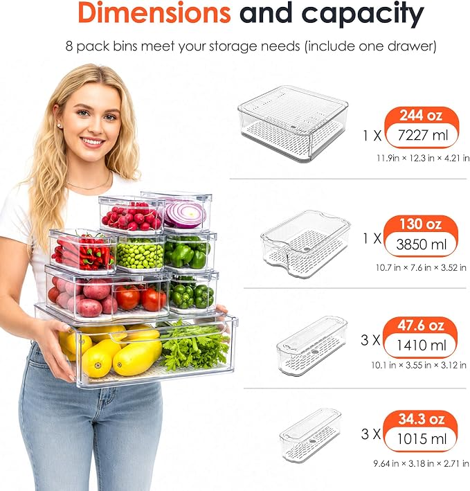 SMRCAD 8 Pack Clear Fridge Organizer Bins with Drain Trays - Stackable | BPA-Free PET, 8 Pack: 1 Drawer + 7 lidded Bins, Helps Keep Produce Fresh, 18.3L Capacity, Hand Wash Only - Image 6