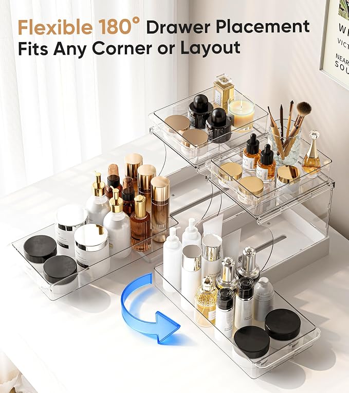 YICHE 2 Tier Multi-Purpose Office Sliding Organizer Shelf, Kitchen Countertop Organizer Drawer for Bathroom Under Sink & Coffee Bar, Space Saving Pull Out Medicine Cabinet Organization Storage Rack - Image 2