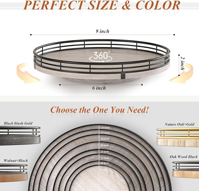 AMH 9-Inch Rustic Whitewashed Wooden Lazy Susan Organizer | Smooth rotating oak tray with walnut finish for dining tables, kitchen counters, pantries and cabinet storage. - Image 7