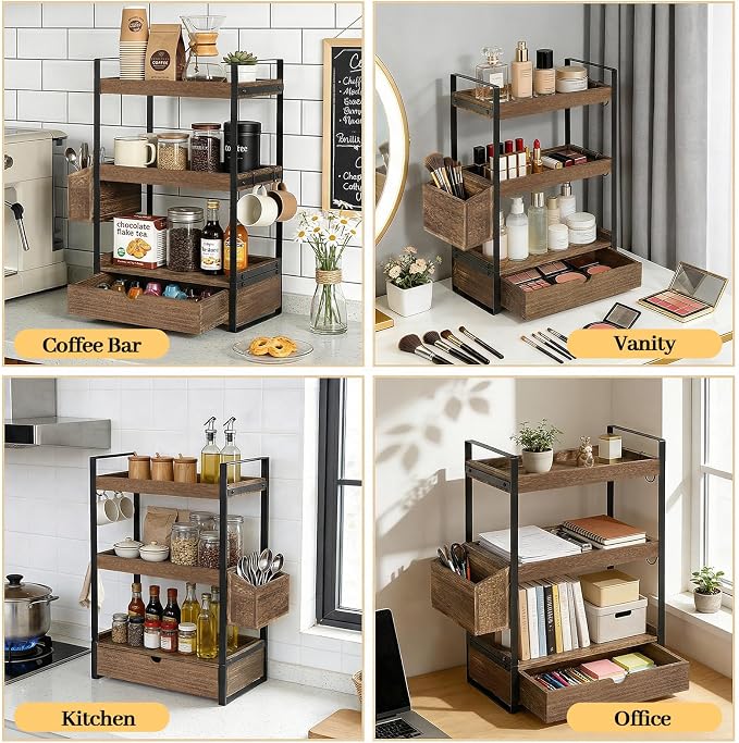 3-Tier Bathroom Counter Organizer with Drawer Basket and Hooks, Wood Bathroom Organizers and Storage for Countertop, Farmhouse Dark Brown Countertop Organizer, Counter Shelf for Vanity, Kitchen,Office - Image 5