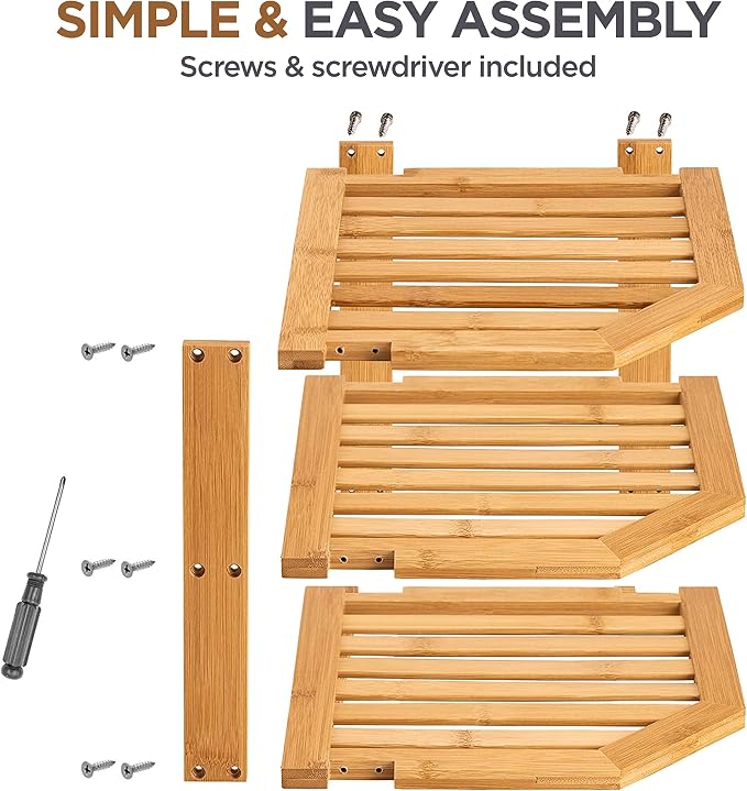Bamboo Plate Organizer for Cabinet, 3 Tier Corner Shelf Riser, 2 Pack | Holds heavy stacked dishes mugs bowls, non slip feet, tool included easy assembly, kitchen pantry bathroom counter storage - Image 5