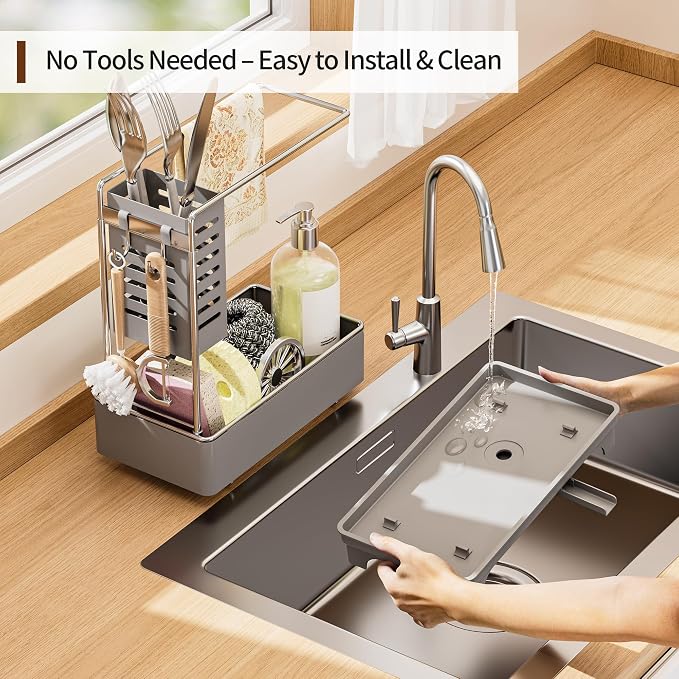 MOUKABAL 2-Tier Sponge Holder for Kitchen Sink, Sink Caddy Organizer Grey | Large Capacity/Rustproof Stainless Steel/360° Rotating Drain Keeps Counter Dry/Holds Sponge & Soap Bottle/Easy-Clean Tray - Image 5