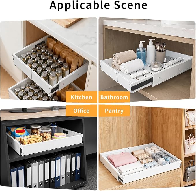 Expandable Pull out Cabinet Organizer, Width (12"-19") Depth (17"-23") Pull Out Drawers for Cabinets, Upgrade 3 Slide Rails Slide Out Drawers, No Drill Adjustable Roll Out Shelves, 1 Pack, White - Image 7