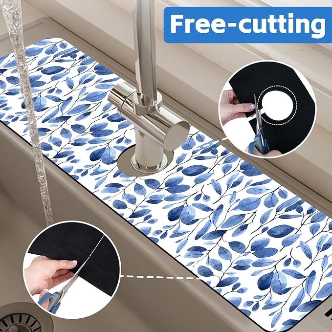 Watercolor Blue Leaves Sink Faucet Absorbing Mat Sink Splash Guard Faucet Mat Draining Mat Fast Drying Sink Protectors for Kitchen and Bathroom 5.5"×24" - Image 7