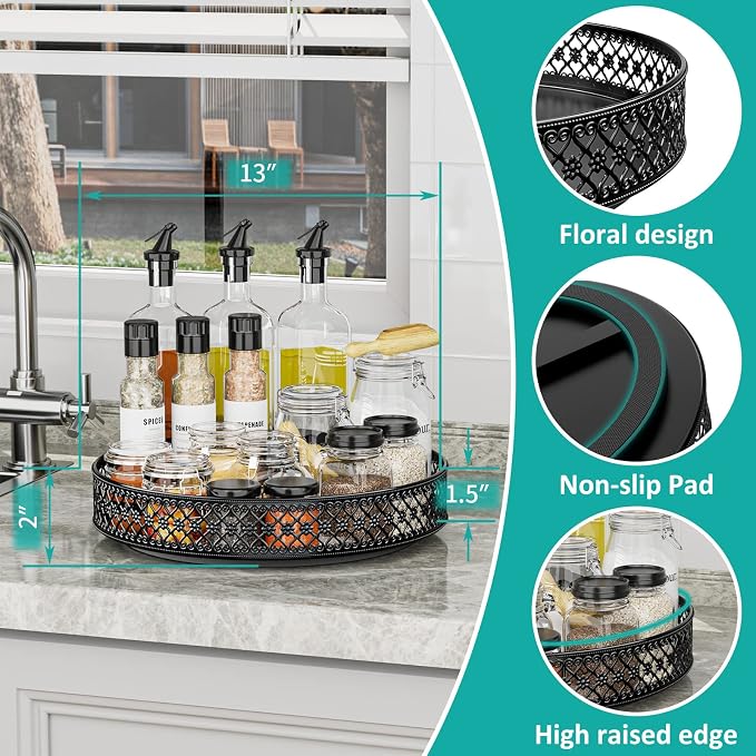 11 inch Lazy Susan Turntable - Metal Spice Organizer for Cabinet Table Top | 360° Smooth Rotating Tray Black Lazy Susan with Rim for Dining Table, Pantry, Countertop, Kitchen, Bathroom Vanity Storage - Image 3