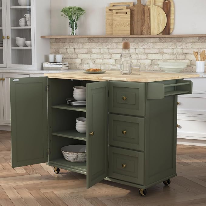 Homestyles Mobile Kitchen Island Cart with Wood Top and Dropleaf Breakfast Bar, 18" D x 53.5" W x 36" H, Green - Image 4