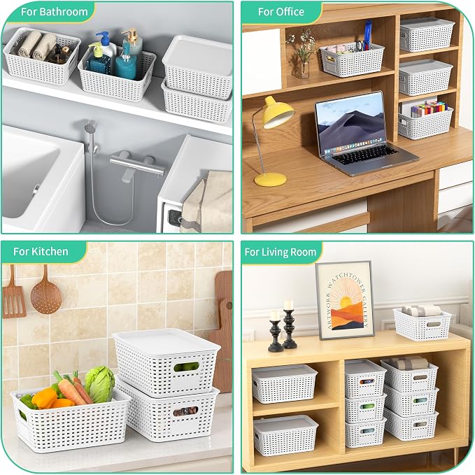 8 Pack Plastic Storage Baskets,White Stackable Bins with Lid | 5.3qt Storage Containers with Labels for Organizing Shelves Drawers Desktop Closet Playroom Classroom Office - Image 7