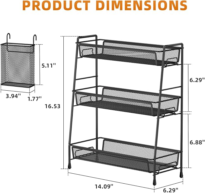 VITVITI 3 Tier Bathroom Organizer Countertop, Counter Storage Shelf, Black | Metal Wire Mesh Bathroom Counter Organizer with Basket Hooks, Vanity Tray, Kitchen Spice Rack - Image 6
