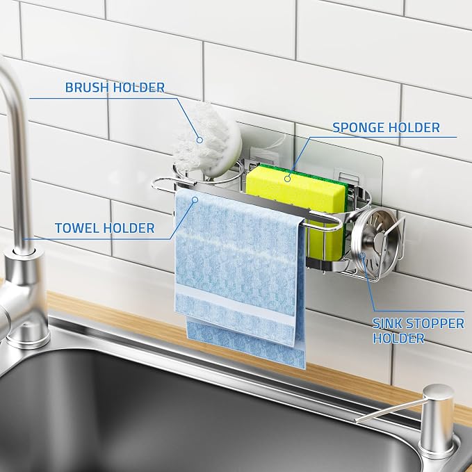 Cisily Kitchen Sink Caddy Sponge Holder in The Sink, Stainless Steel Kitchen Sink Organizer, Brush Holder, Dish Cloth Hanger, Sink Stopper Holder (Hanging-Silver) - Image 6