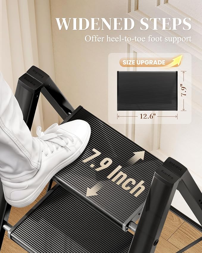 3 Step Ladder, Foldable Aluminum Step Stool with Anti-Slip Pedal | Lightweight yet Sturdy, Portable, Non Slip Feet, 300Lbs Capacity, Elegant Look, for Kitchen, Closet, Pantry, Black - Image 3
