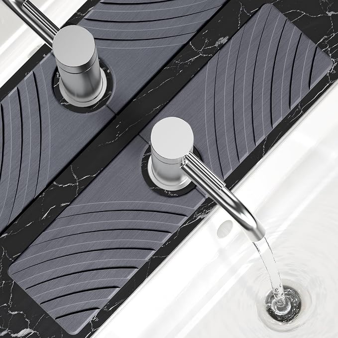 SpaceHacks Stone Faucet Mat for Kitchen Sink 15.7x4 in, Dark Gray | Fast Drying Diatomite Stone Drying Mat, Water Splash Guard, Textured Drainage Sink Protector, Suits Bathroom&Kitchen Counter by SpaceHacks