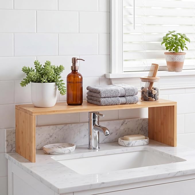Bamboo Over the Sink Shelf Bathroom Shelf Organizer Over the Faucet Wood Pedestal Soap Stand Farmhouse Bathroom Decor Over the Sink Shelves (23.62 x 7.87 x 5.91 Inches,Bamboo Color) by Menkxi