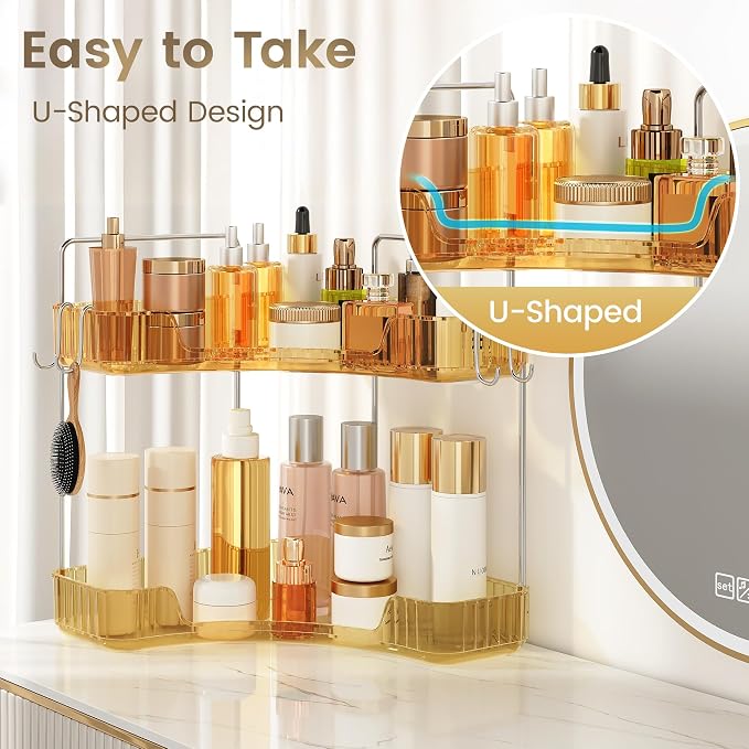 Corner Counter Organizer, 2 Tier Bathroom & Kitchen Storage Tray | PET Vanity Organizer Storage Countertop with Hooks for Skincare, Makeup & Jewelry, Gold - Image 4