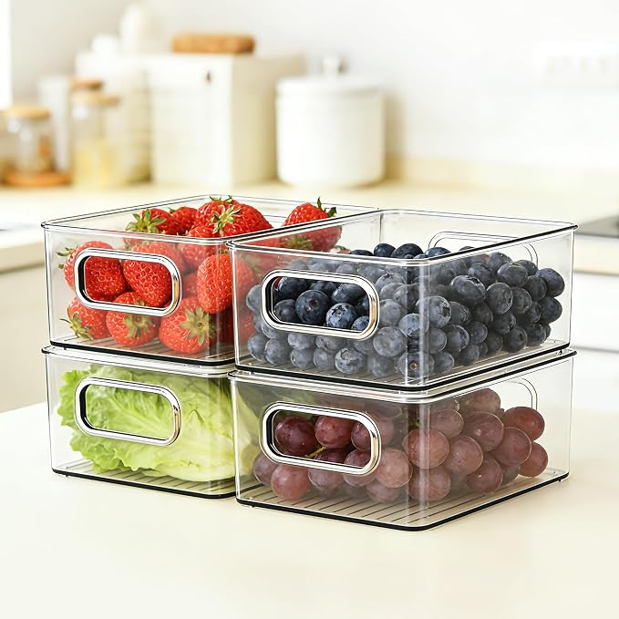 LotFancy 4 Pack Fridge Organizer Bins, Clear Plastic, Stackable, Can Soda | 10x6x3 In Drink Food Fruit Storage for Refrigerator, Pantry, Kitchen Cabinet Shelves; Non-Slip, Easy-Clean, BPA Free - Image 8