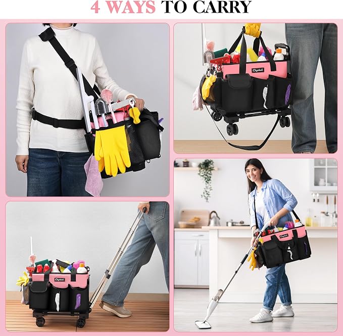 Chyaidach Rolling Cleaning Caddy, Cleaning Supplies Organizer with Trolley, Wearable Cleaning Tote Bag on Wheels with Hard Bottom, Cleaning Carts for Housekeepers/Home/Car/Office/Picnic (Pink) - Image 6