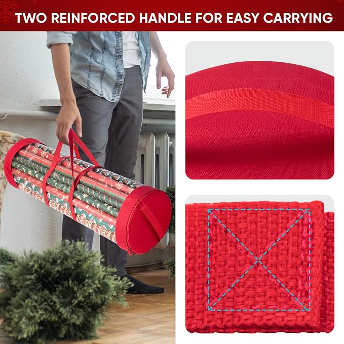 BALEINE Christmas Wrapping Paper Organizer Storage, 41" Gift Wrapping Paper Storage Containers, Clear PVC with Durable 600D Oxford Fabric Gift Wrap Paper Holder Fits 18-25 Rolls, Red - Image 3