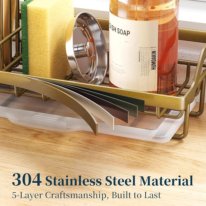 Consumest Sponge Holder for Kitchen Sink - Sink Caddy with Dish Brush Holder, Stainless Steel Kitchen Organizer with Drip Tray for Countertop, Darker Gold - Image 2