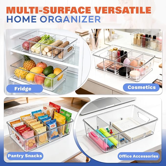 Stackable 4-Compartment Pantry Organizers and Storage, Clear Plastic Storage Bins with Removable Dividers Suitable for Pantry, Office, Kitchen, Cabinet & Fridge Organization, 2-Pack - Image 3